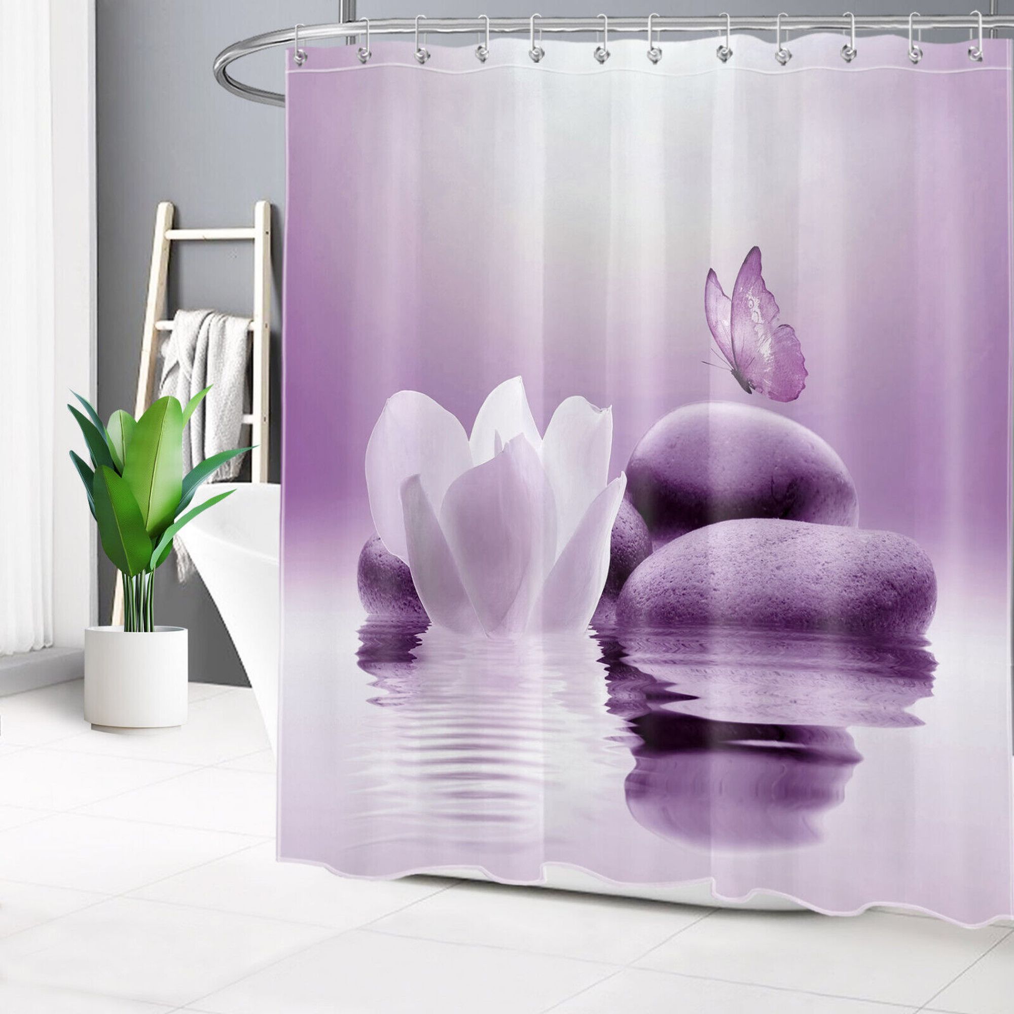 Zen Bathroom Decor Purple Butterfly Yoga Shower Curtain Set
