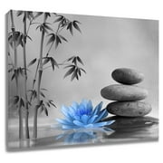 Zen Blue Floral Canvas Wall Art Water Lily and Zen Stone Bamboo Wall Art Modern Spiritual Yoga Spa Picture Wall Art Decor Framed for Bathroom Bedroom Office Wall Decor Painting,16 X 12 inches