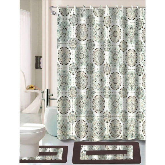 Zen Brown 15 Piece Complete Bathroom Décor Set with 2 Bath Mats Cenillle Soft Non Slip And 1 Matching Shower Curtain with 12 Covered Rings Maschine Washable Designer Patterns And Colors
