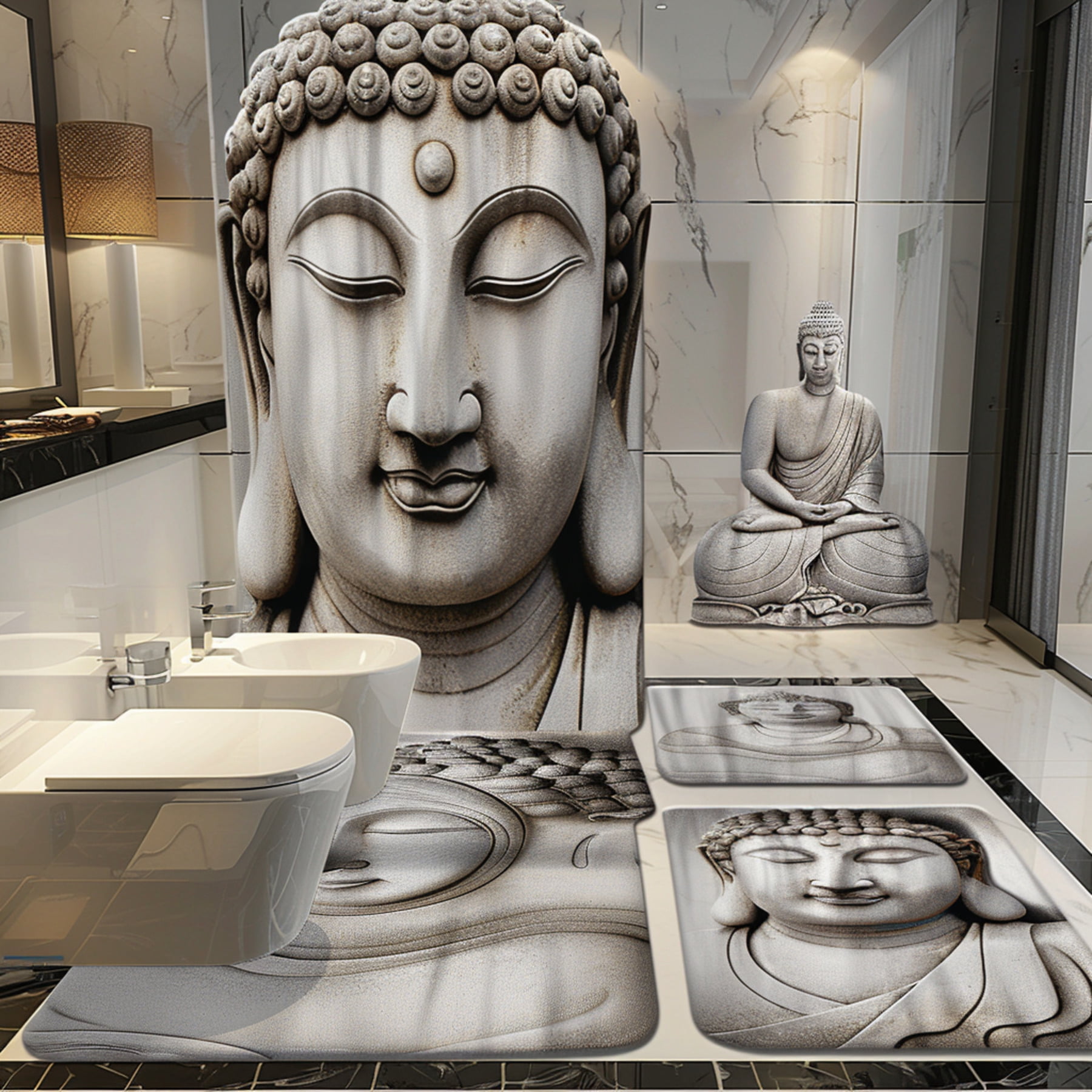 Zen Buddha Face Shower Curtain Set & Ceiling Lamp Light Grey Modern