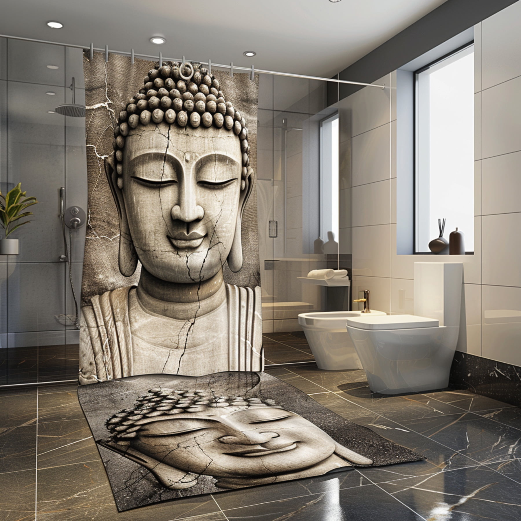 Zen Buddha Head Shower Curtain Bathroom Decor with Gray Marble Tiles