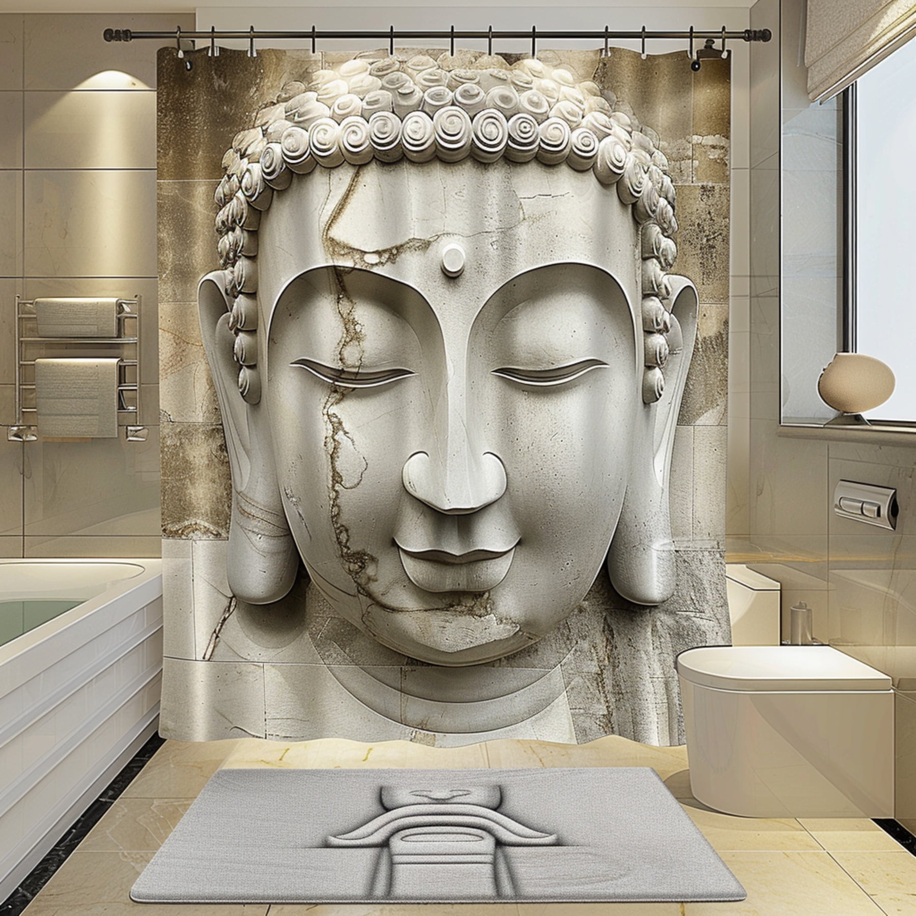 Zen Buddha Stone Statue Bathroom Set White Gray Marble Design with Shower Curtain Elegant and