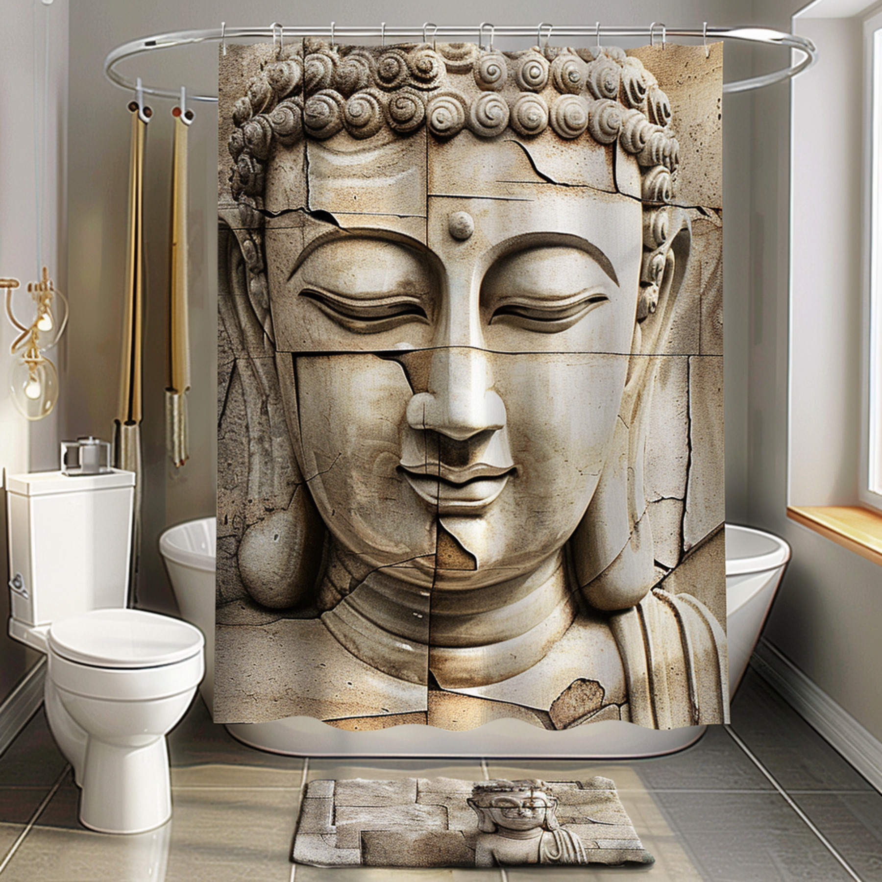 Zen Buddha Stone Texture Shower Curtain Beige Bathroom Decor with
