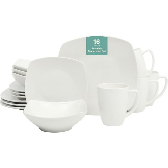 Zen Buffet Porcelain Chip and Scratch Resistant Dinnerware Plates, Bowls, and Mugs Set, Service for 4 (16pcs), White (Square Dishes)