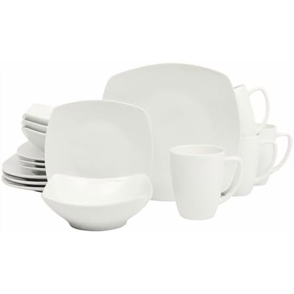 Zen Buffet Porcelain Chip and Scratch Resistant Dinnerware Plates, Bowls, and Mugs Set, Service for 4 (16pcs), White (Square Dishes)