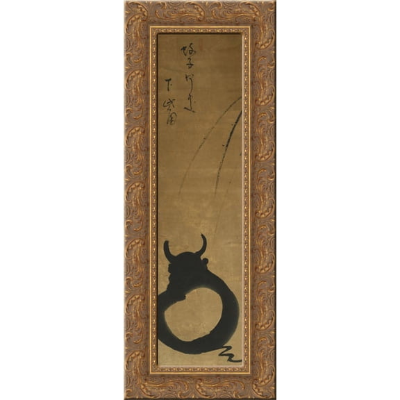 Zen Bull (Enso) 24x10 Gold Ornate Wood Framed Canvas Art by Kogan Gengei