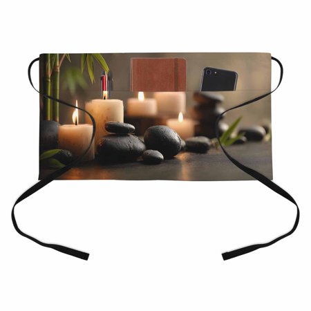 Zen Candles Stones Kitchen Restaurant Half Waist Apron, Rustic Black Spa Stacked Pebbles Leaves Server Short Apron with 3 Pockets Waterproof Oil Waist Aprons for Women Waitress Waiter
