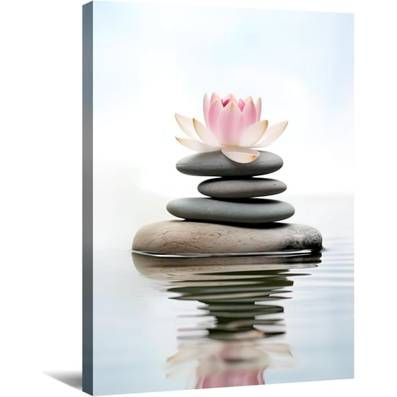 Zen Canvas Wall Art - Bathroom Wall Decor Lotus Candle with Black Stones Picture Meditation Relax Artwork for Spa Yoga Spiritual Room Decor Frame(12.00x18.00 inch)