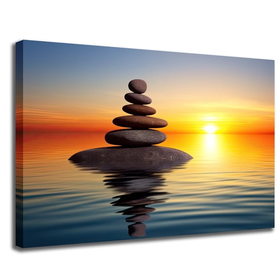 Zen Canvas Wall Art Big Stack of Stones in Water with Sunset Picture Print Painting Spa Meditation Relaxing Artwork for Bathroom Yoga Spiritual Living Room Decor poster
