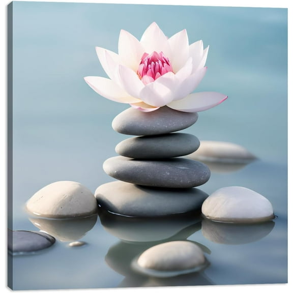 Zen Canvas Wall Art, Blooming Flower on Stone Painting Picture Nature Meditation Still Life Poster Print for Bathroom Yoga Meditation Spa Room Decor(Artwork-02, 12"x12")
