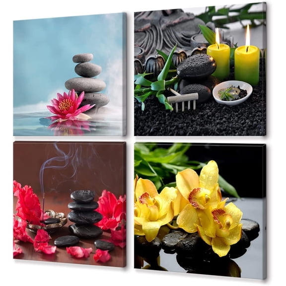Zen Canvas Wall Art Spa Still Life with Black Stone Green Candle Pink Waterlily Yellow Flowers Picture Posters for Spa Yoga Room Bathroom, Framed Green 12"x12"x4pcs
