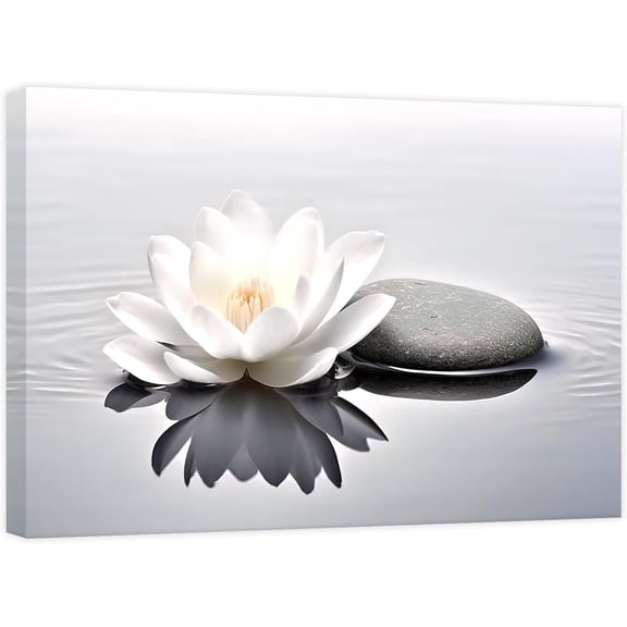 Zen Canvas Wall Art White Lotus Bloom in Water Picture Flowers Stone Spa Painting for Yoga Meditation Room Bathroom Prints Wall Decor Frame