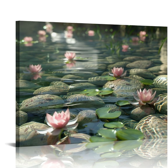Zen Canvas Wall Art White in Water Picture Flowers Stone Spa Painting for Yoga Bathroom Prints Wall Decor 16x12in