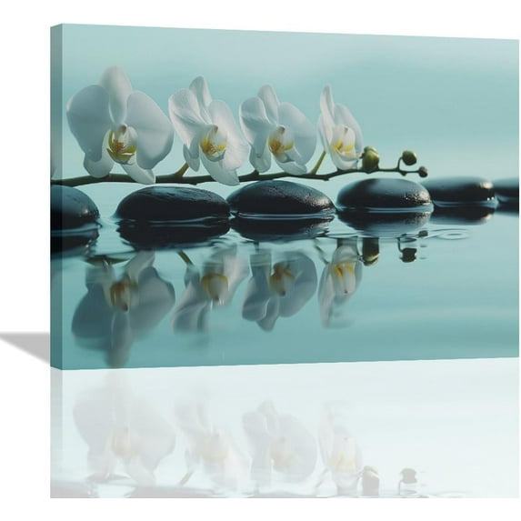 Zen Canvas Wall Art Zen Spiritual Black Stone Pictures Wall Decor White Orchid Blue Painting Modern Home Framed Prints Artwork for Living Room Bedroom Office Spa Yoga Meditation Room 16"x12"