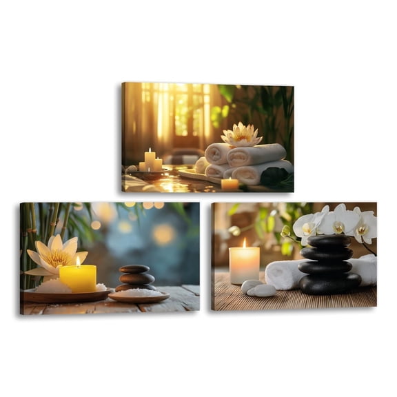 Zen Canvas Wall Art poster  Spa Still Life Painting 3 Pieces Yellow Floral Candle Zen Stone Pictures Meditation Artwork for Spa Yoga Room Bathroom Decor