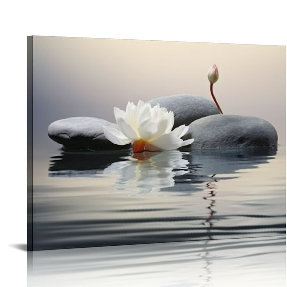 Zen Canvas Wall Art white Lotus Flowers and Black Massage Stones Spa Picture Wall Decor Poster Print Suitable for Yoga Bathroom Bedroom Study Home Decoration 20x16in