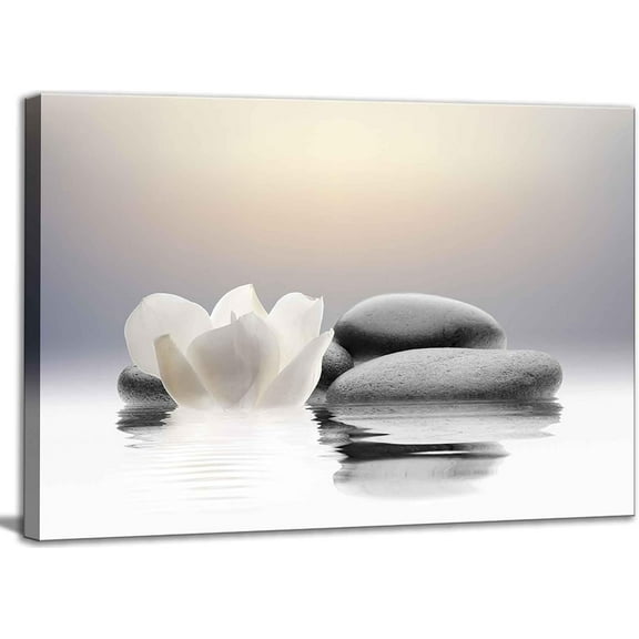 Zen Canvas Wall Art white Lotus Flowers and Black Massage Stones Spa Picture Wall Decor Poster Print Suitable for Yoga Meditation Room Bathroom Bedroom Study Home Decoration
