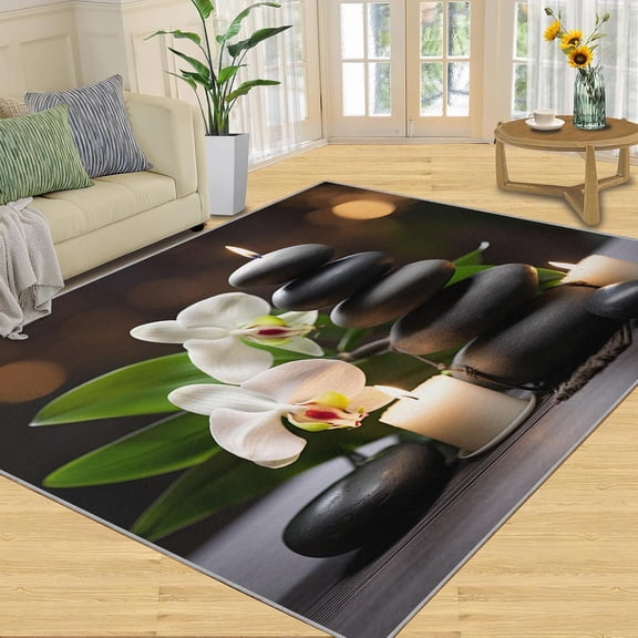 Zen Carpet Study Room Rug Spa Stone Rugs for Bedroom White Orchid Design Soft Non Slip Washable Rugs for Living Room Candle Decor-5' x 8'