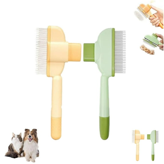 Zen Cat Brush, Zenbrush Cat Comb with Release Button, Self-Cleaning Shedding Pet Hair Removal Comb with Long Short Stainless Steel Teeth for Dogs and Cats, Comfort and Safety (Yellow+Green)