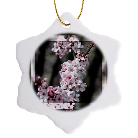 3drose, Zen Cherry Blossom Flowers- Spring Photography, 3 inch Snowflake Porcelain Ornament