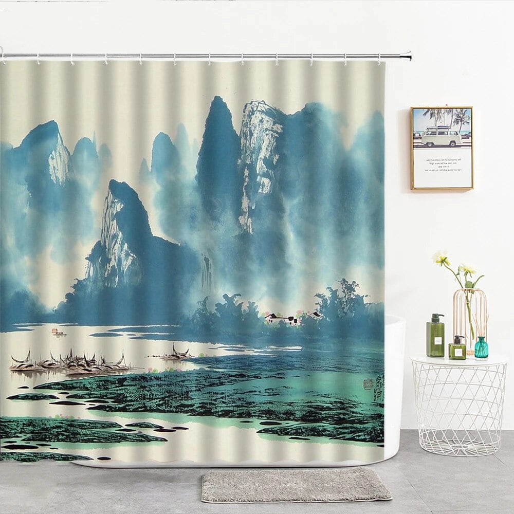 Zen Chinese Style Ink Landscape Shower Curtains Hand Painted Natural ...