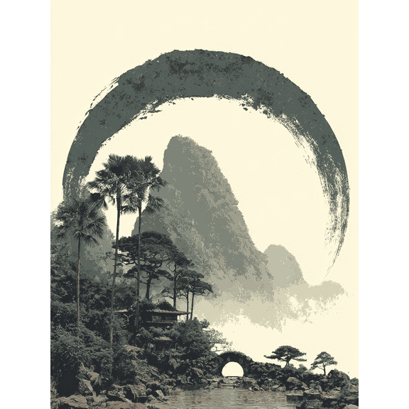 Zen Circle Forest Canvas Art, Misty Mountain Enso Ink Painting, Japanese Minimalist Nature Decor