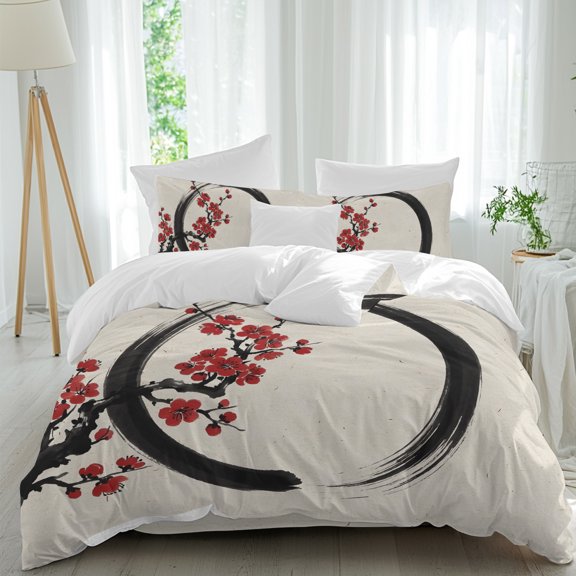 Zen Circle Plum Blossom Bedding Duvet Cover Set California King Size 4 Pieces, Vintage Rustic Asian Black Red Traditional Ink Bedding Set, 1 Comforter Cover 96x104in 1 Flat Sheet & 2 Pillow Cases