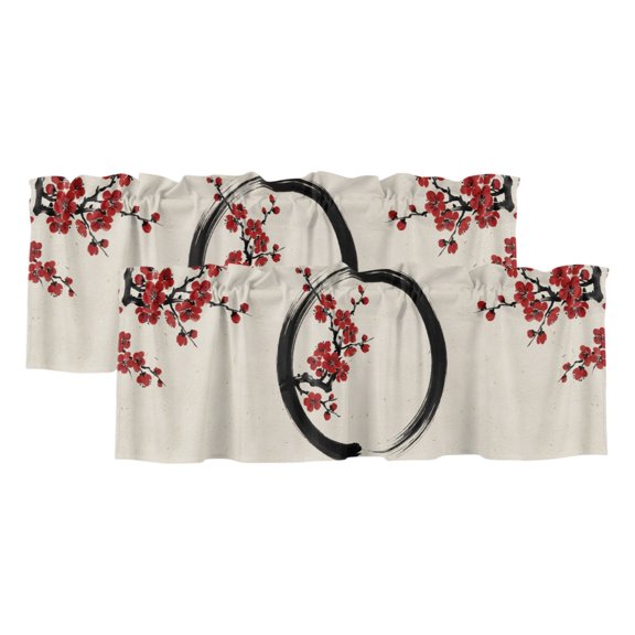 Zen Circle Plum Blossom Valances for Window 2 Pack, Vintage Rustic Asian Black Red Traditional Ink Rod Pocket Curtains Valances Light Filtering Short Curtains for Kitchen Bedroom 42 x 12 Inch