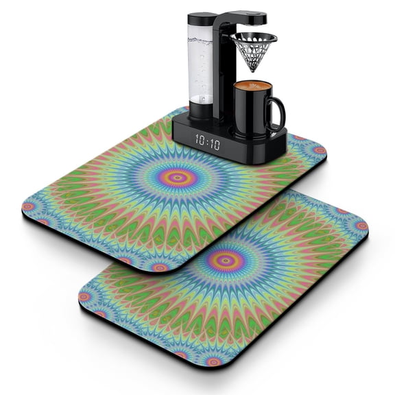 Zen Coffee Maker Mat Set of 2 - Emotional Healing Psychedelic Style, Strong Water Absorption & Non-Slip Base for Coffee Machines, Office or Kitchen Use
