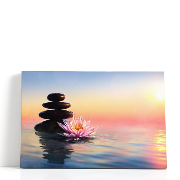 Zen Concept - Spa Stones And Waterlily In A Lake At Sunset - Wrapped Canvas Print Wall Art | 30" W x 20" H