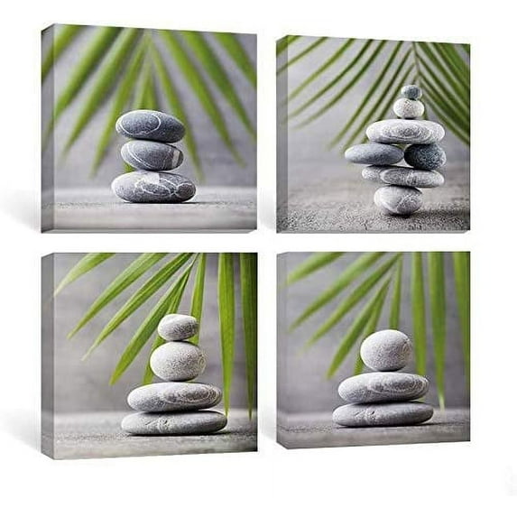 Zen Decor Bathroom Wall Art Green Leaf Grey Stone Pictures, Modern Canvas Artwork Spa Meditation Yoga 4 Piece,12x12 in