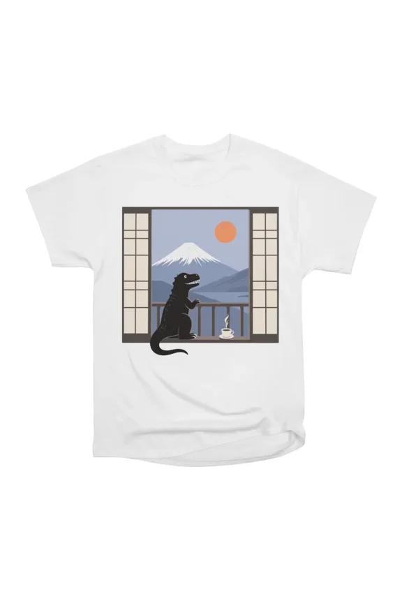 Zen Dinosaur Morning Coffee Mount Fuji Serenity T-Shirt Tee Gift For Him Merch For Her App