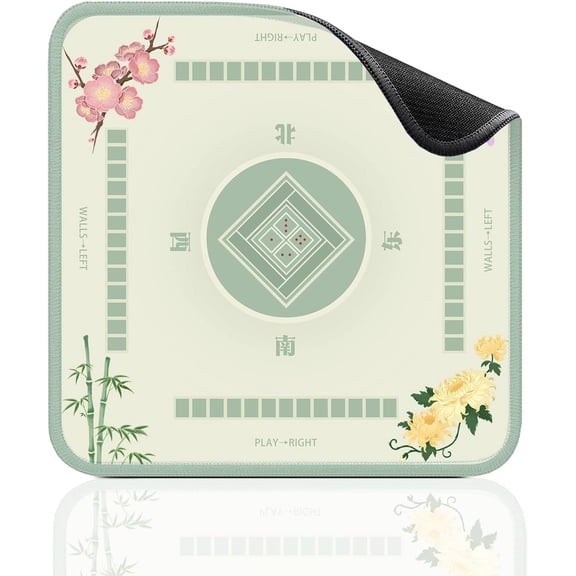 Zen Floral Mahjong Mat 32.4x32.4 Inch - Light Green American Mahjong Table Mat with Cherry Blossom Bamboo Chrysanthemum Artwork, Anti-Slip Rubber Waterproof Foldable Gaming Pad