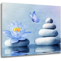 Zen Floral Wall Art - Blue Water Lily and Butterfly Stone Canvas - Spiritual Yoga Spa Picture - Framed Wall Art for Living Room, Bedroom, Bathroom Decor, 12L x 16W inches