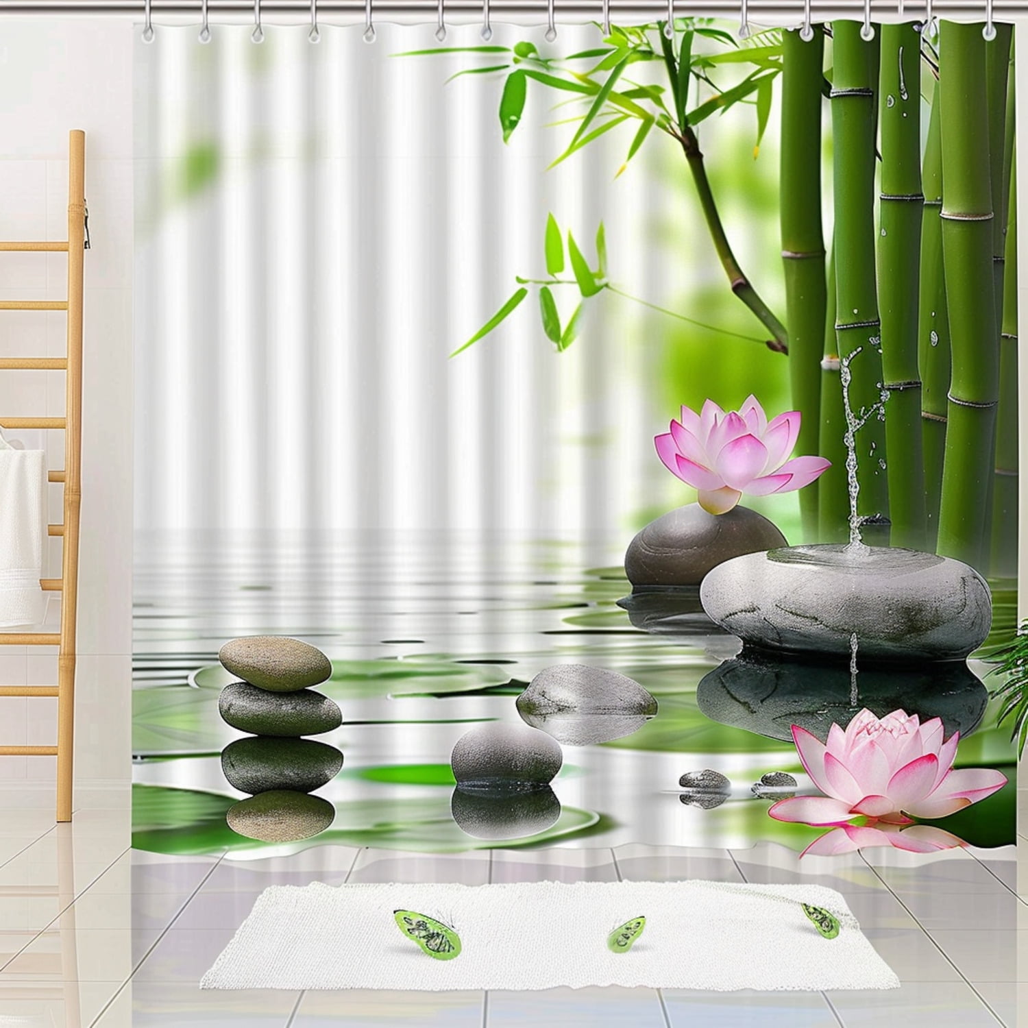 Zen Garden Bliss Bamboo Lotus Shower Curtain Set with Hyperrealistic