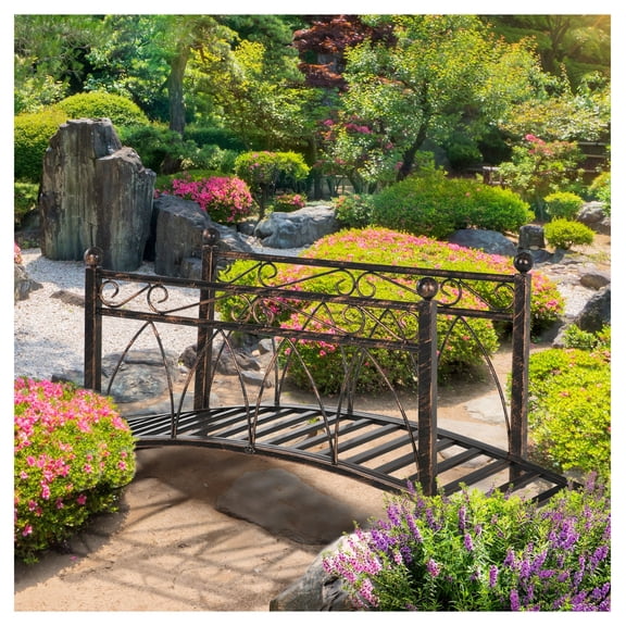 Zen Garden Bridge 3.3' Metal Arch - Decorative Footbridge w/ Rails