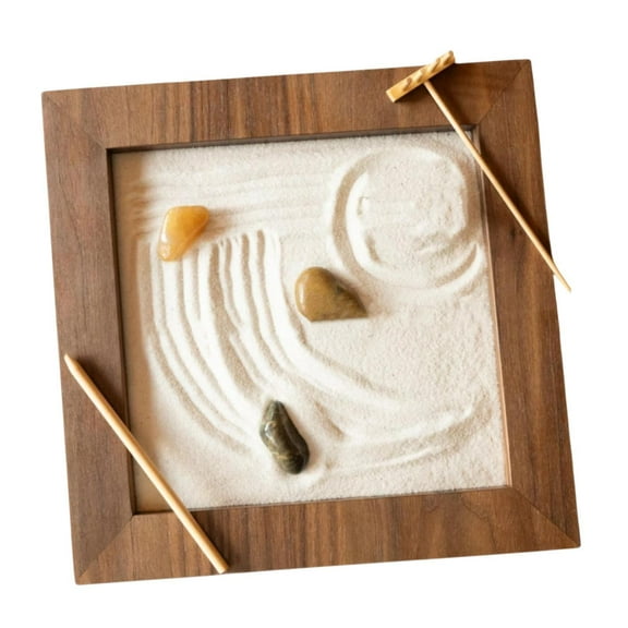 Zen Garden Desktop Wooden Sand Tray Retro Style Meditation Kit with Pebbles and Rake for Room Decor