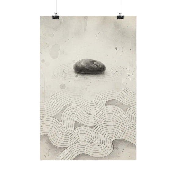 Zen Garden Ink Print, Minimalist Raked Sand Stone Art, Meditation Wall Decor Poster, Unframed Paper Poster 8x10in