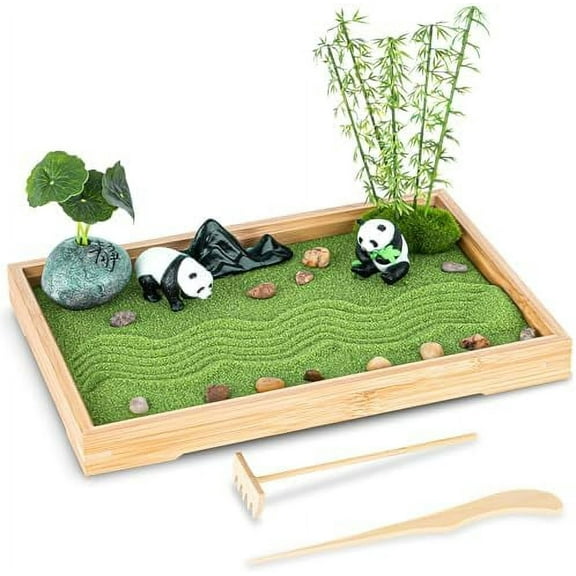 Zen Garden Kit for Desk 11''x7.5'' Room Decor with Green Sand, Panda Decorative Ornaments, Haystack, Ceramic Mountain, Stones and Rakes (Panda Bamboo)$$Home Decor, Kitchen, & Other