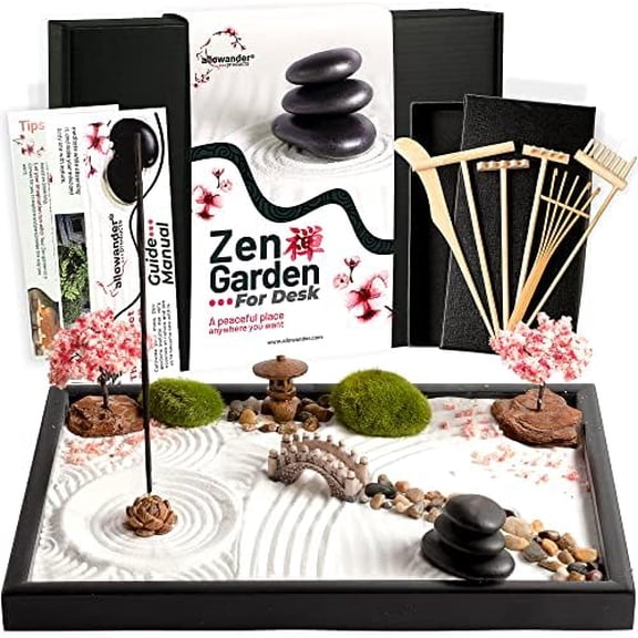 Zen Garden Kit for Desk 12x8in Sand Tray, Japanese Gift Set 14 Accessories and 6 Tools, Meditation Mini Zen Garden, Zen Sand Garden, Home Office Desk Decorations, Therapy Kit, Rock Decor