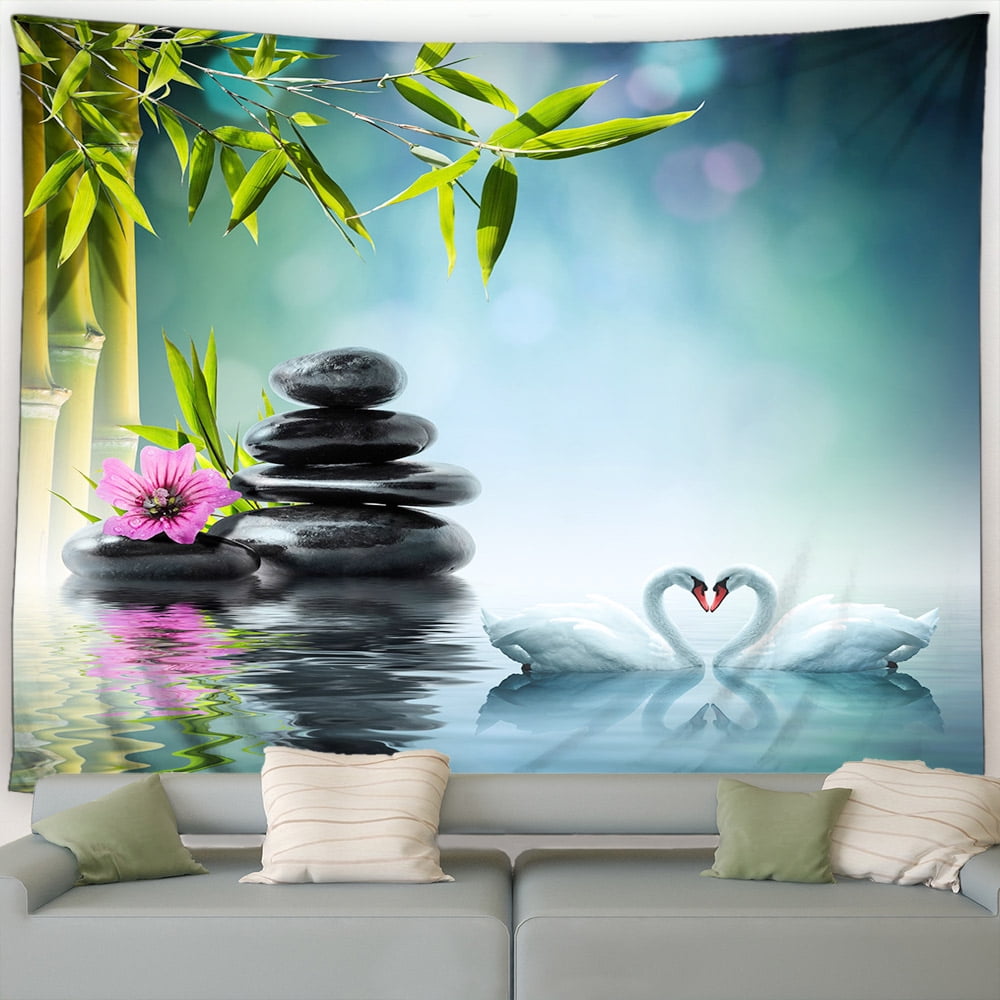 Zen Garden Landscape Tapestry Green Bamboo Orchid Lotus Swan Black St