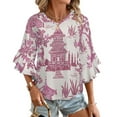 thumbnail image 1 of Zen Garden Pink Women's V-Neck Blouse With 3/4 Ruffled Bell Sleeves Casual Top Ladies Blouses, 1 of 7
