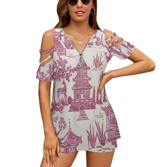 Zen Garden Pink Womens Summer V Neck Zipper Top Short Sleeve T Shirt Off Shoulder Top Casual Classy Loose Shirts