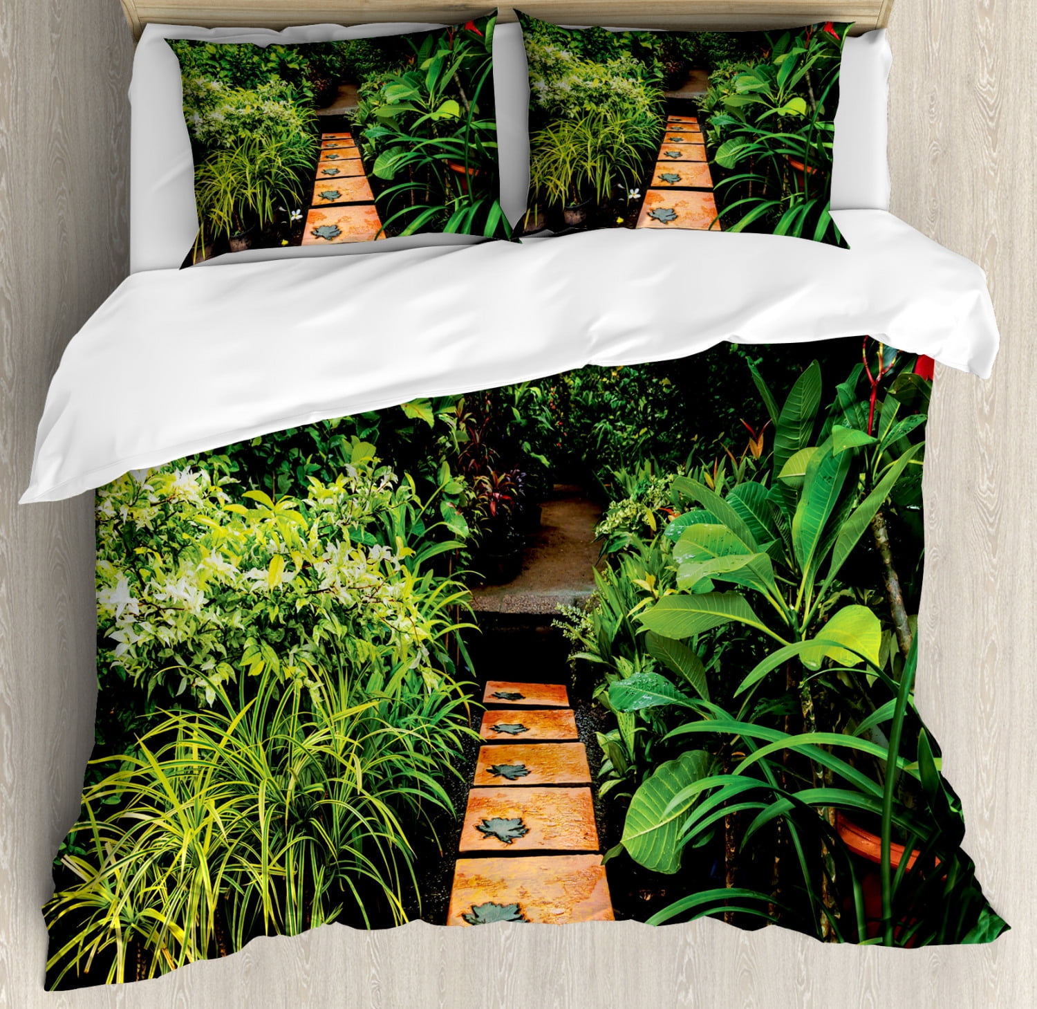 Zen Garden Queen Size Duvet Cover Set, Lush Garden with Tropical Plants ...