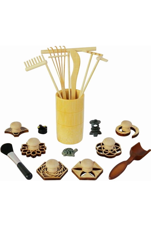 Zen Garden Rake Stamp Tools - Meditation Rock Sand Garden Accessories Office Desktop Mini Zen Gifts for Man Women Bamboo Rakes Holder Brusher Spoon Figurines