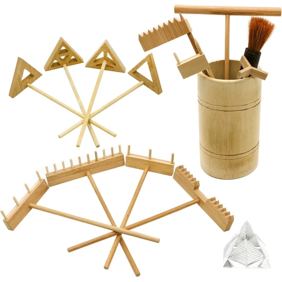 Zen Garden Rake Tool Kit - Miniature Tabletop Japanese Rock Sand Zen Garden Accessories Mini Bamboo Sand Stamp Rakes for Zen Pattern with Holder Crystal Pyramid Meditation Stress Relief Zen Gifts