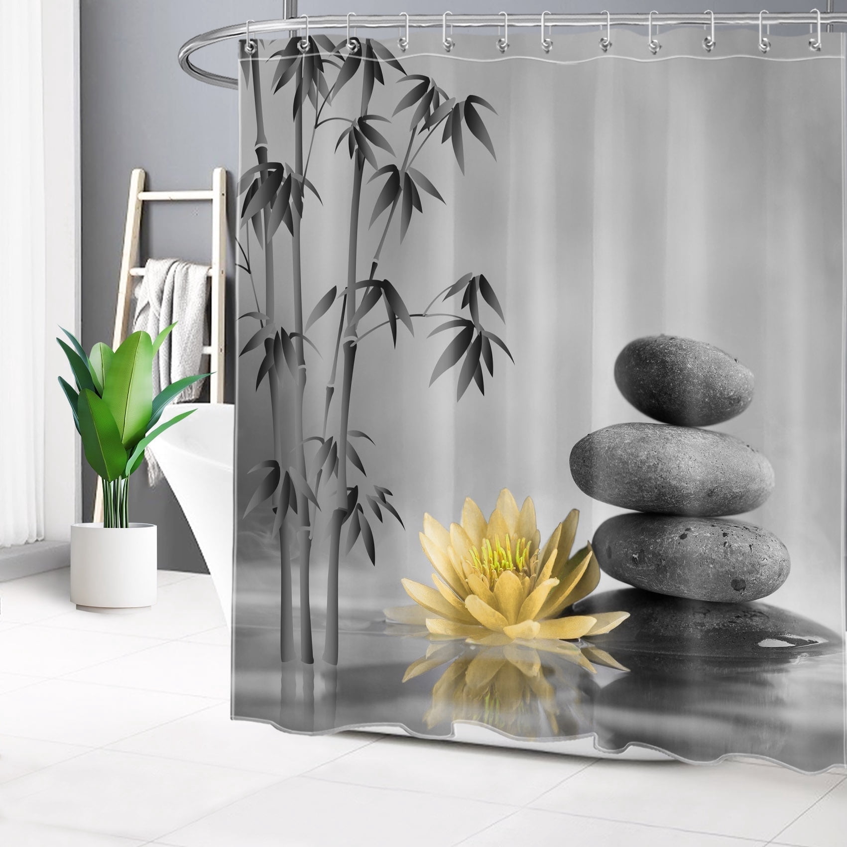 Zen Garden Shower Curtain for Bathroom Yellow Flower Spa Stones Bamboo Tree on the Water Relaxation Theraphy Peace Shower Curtain Polyester Fabric Bathroom Shower Curtain with 12 Hooks, 72x78 Inches