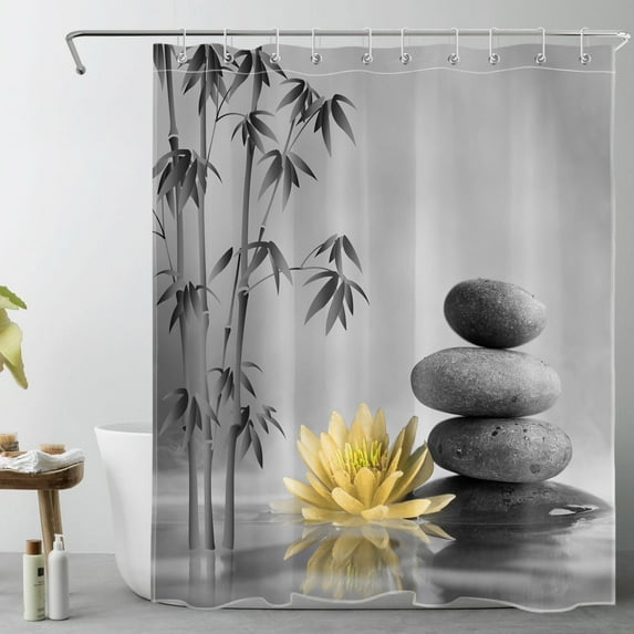 Zen Garden Shower Curtain for Bathroom Yellow Flower Spa Stones Bamboo Tree on the Water Relaxation Theraphy Peace Shower Curtain Polyester Fabric Bathroom Shower Curtain with 10 Hooks, 60x72 Inches