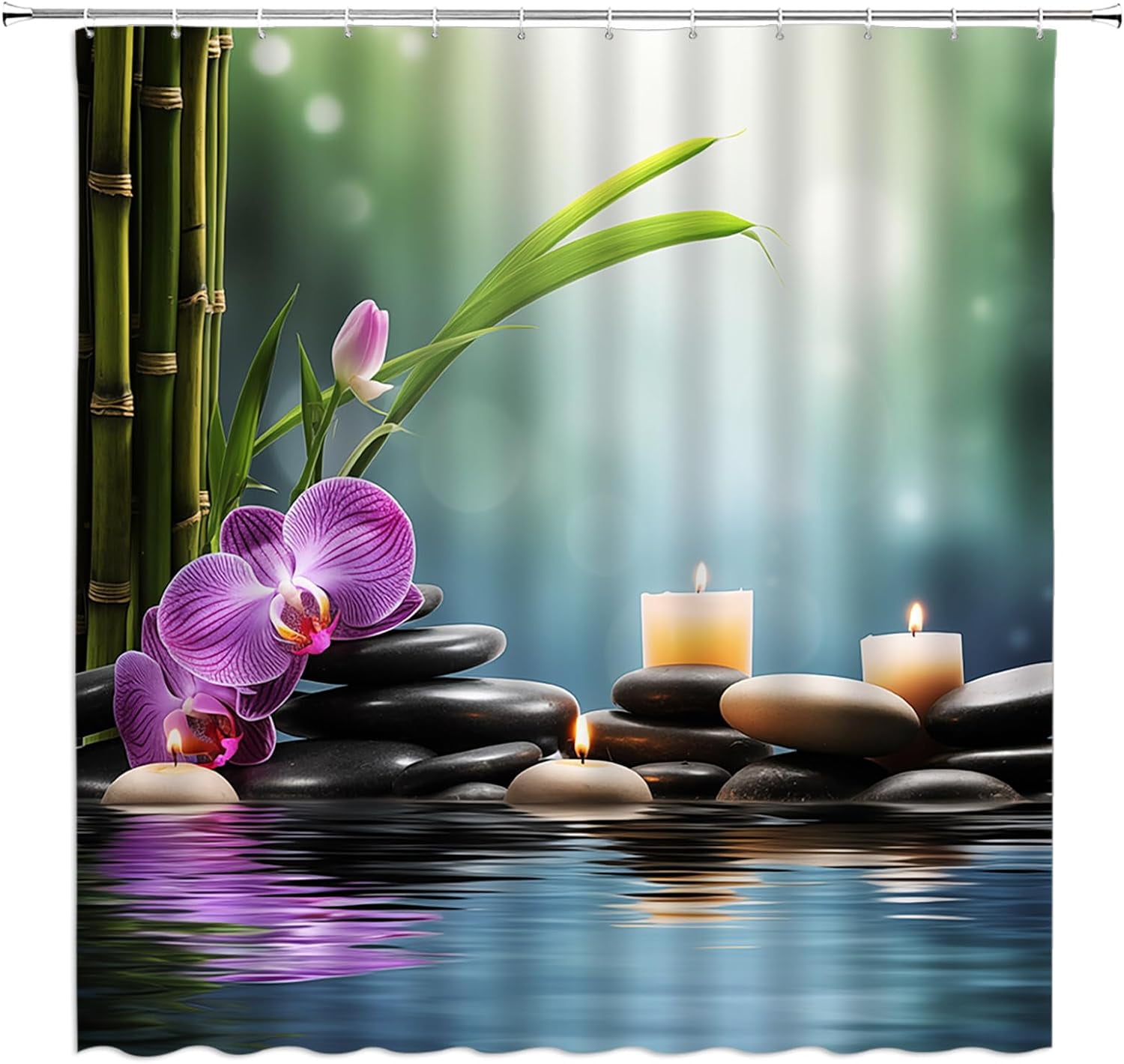 Zen Garden Shower Curtain Green Bamboo Purple Floral Spa Black Stone
