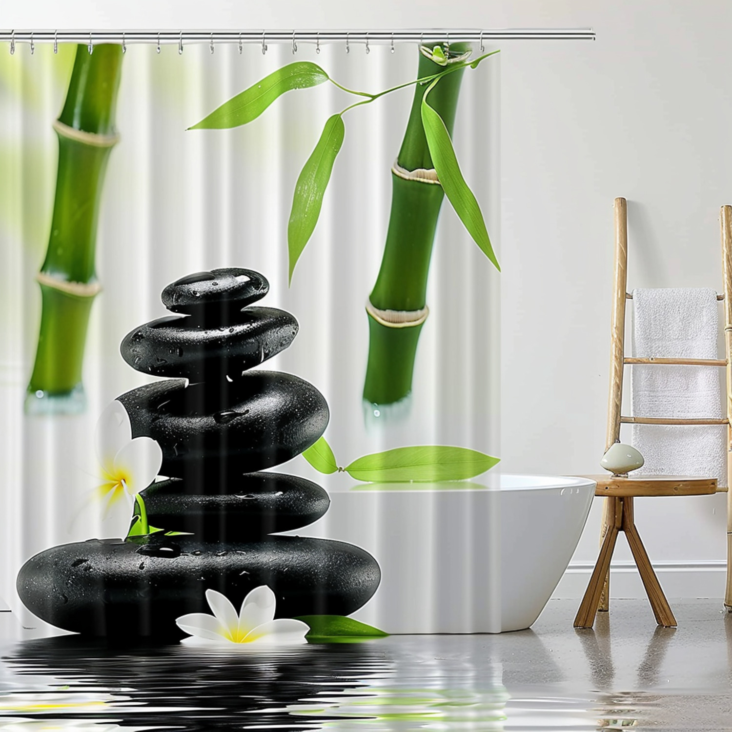 Zen Garden Shower Curtain White Background with Black Stones Green